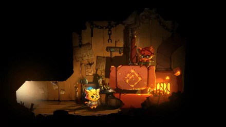A vibrant HD wallpaper from Cat Quest III, featuring a charming cat character in a cozy, dimly-lit room with a furnace and various tools, creating an adventurous atmosphere.