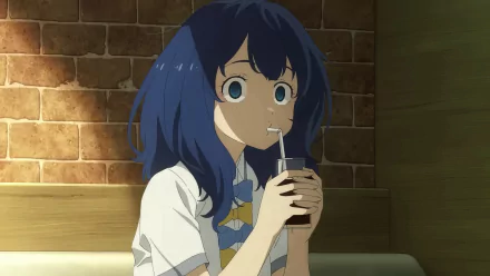 A serene HD wallpaper featuring Anna Yanami from Too Many Losing Heroines! as she enjoys a drink, with a cozy background of brick walls.