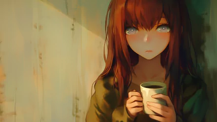 A serene HD wallpaper featuring Kurisu Makise from Steins;Gate, capturing her contemplative expression as she holds a coffee cup against a softly lit background.