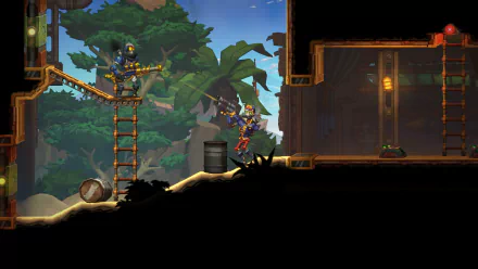 HD desktop wallpaper featuring a scene from SteamWorld Heist II, showcasing characters navigating a vibrant environment with ladders and barrels amidst lush greenery.