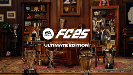 HD desktop wallpaper featuring EA SPORTS FC 25 Ultimate Edition, showcasing an array of trophies in a cozy gaming environment.