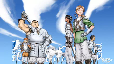 High-definition desktop wallpaper featuring Judeau and other characters from the anime Berserk, standing confidently against a blue sky with dynamic clouds.
