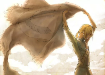 An HD desktop wallpaper featuring Judeau from Berserk, capturing a dynamic pose as he holds a flowing cloth against a soft, cloudy backdrop.