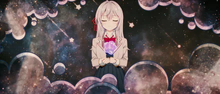 HD anime wallpaper featuring Alisa Mikhailovna Kujou from Alya Sometimes Hides Her Feelings in Russian, holding a glowing heart against a starry cosmic background.