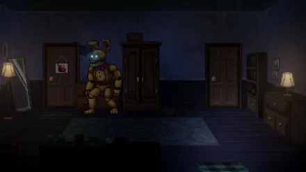 HD desktop wallpaper featuring a dimly lit room from the video game Five Nights at Freddy's: Into the Pit, showcasing an animatronic figure looming near a closet.