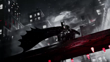 Batman perched on a rooftop under a full moon in a dark, rainy cityscape, rendered in stunning 4K Ultra HD for PC desktop wallpaper and background.