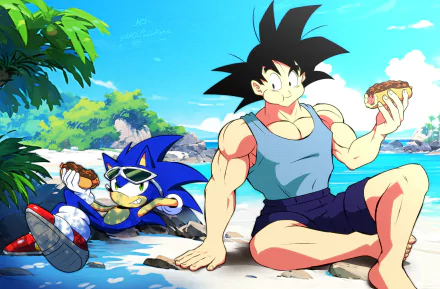 Sonic the Hedgehog and Dragon Ball's Goku relaxing on a sunny beach, enjoying hot dogs in vibrant 4K Ultra HD PC desktop wallpaper.