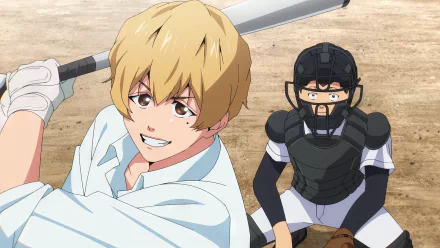 Anime HD desktop wallpaper featuring Kei Kaname from Oblivion Battery, showcasing an energetic baseball scene with a smiling batter and a focused catcher.