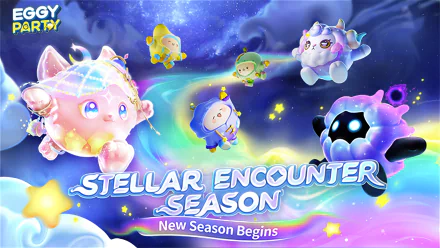 Colorful HD wallpaper for the video game Eggy Party, featuring adorable characters announcing the Stellar Encounter Season and inviting players to a new adventure.