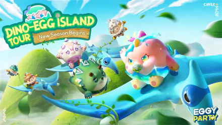 Colorful HD wallpaper from the video game Eggy Party featuring playful characters on a vibrant landscape, promoting the Dino-Egg Island Tour and celebrating a new season.