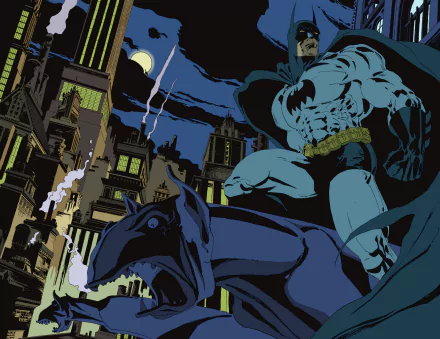 Batman stands vigilantly over Gotham City at night in this detailed 4K Ultra HD PC desktop wallpaper.