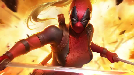 Vibrant HD desktop wallpaper featuring Lady Deadpool in action, wielding a sword against a backdrop of explosive energy, capturing the dynamic essence of this comic character.