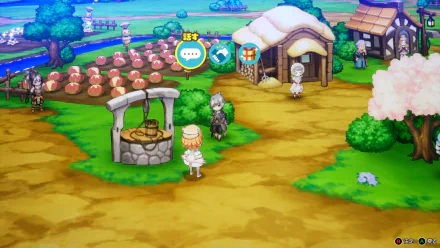 A vibrant wallpaper from the video game Elrentaros Wanderings, depicting a charming village scene with characters, a well, and a bountiful garden under a bright sky.