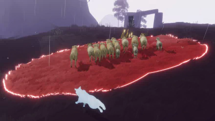 A captivating HD desktop wallpaper from the video game Farewell North, depicting a white fox observing a herd of sheep on a vibrant red landscape under a rainy sky.