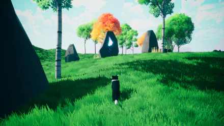 A serene HD wallpaper from the video game Farewell North, featuring a black and white cat walking through vibrant green fields adorned with colorful trees and mysterious stone structures.