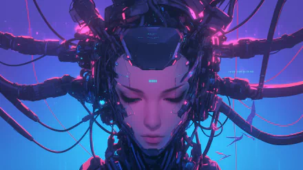 A high-definition cyberpunk wallpaper featuring a robotic figure with intricate circuitry and neon accents, blending technology and artistry in a striking visual display.