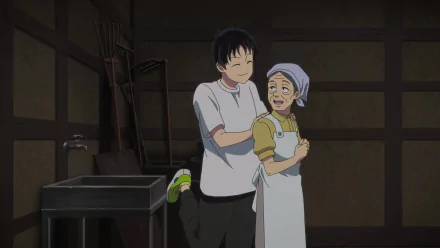 A heartwarming scene from Zom 100: Bucket List of the Dead, featuring Akira Tendo sharing a joyful moment with an older character in a rustic setting. HD desktop wallpaper.