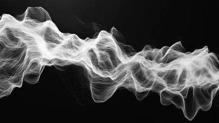 A sleek black background featuring a dynamic, flowing white waveform design, creating an engaging HD desktop wallpaper and background.