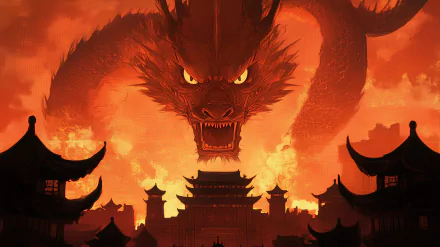 A powerful dragon looms over ancient architecture, surrounded by fiery orange hues, celebrating the Year of the Dragon for Chinese New Year in this captivating HD desktop wallpaper.