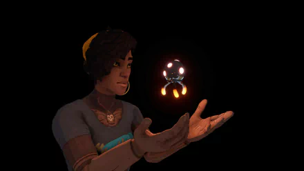 A character from the video game Dustborn interacts with a floating, glowing orb, set against a dark background, creating an engaging HD desktop wallpaper.