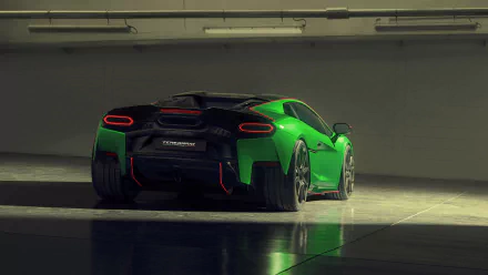 A striking Lamborghini Temerario showcased in a sleek, modern environment, featuring a vibrant green and black design, captured in stunning 4K Ultra HD for an impressive desktop wallpaper.
