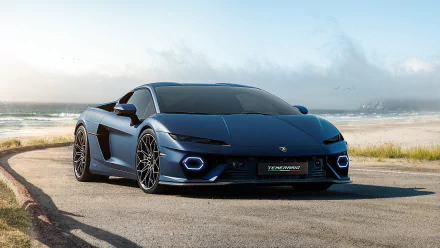 A stunning Lamborghini Temerario parked by the beach, showcasing its sleek design and vibrant blue color, set against a picturesque ocean backdrop. A striking HD desktop wallpaper.