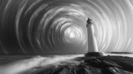 A striking black and white image of a lighthouse, offering a dramatic and captivating HD desktop wallpaper and background for any screen.