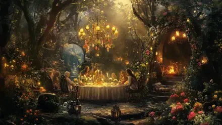 A whimsical fantasy garden party scene, featuring vibrant blooms and enchanting decor, designed as a stunning HD desktop wallpaper and background.