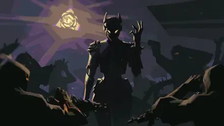 HD PC desktop wallpaper featuring Vyse from Valorant, depicted in a dark, dramatic scene with shadowy figures and a glowing rose emblem in the background.