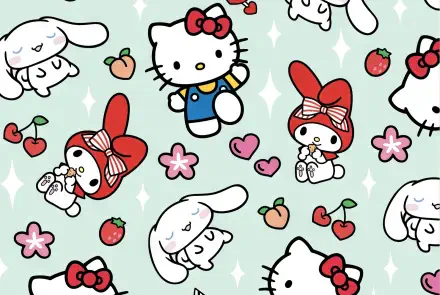 HD desktop wallpaper featuring popular Sanrio characters like Hello Kitty, Cinnamoroll, and My Melody from Onegai My Melody, set against a vibrant and playful backdrop.