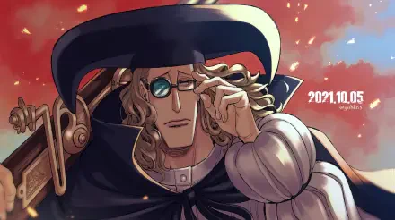 HD desktop wallpaper featuring Van Augur from One Piece, showcasing his unique style with long curly hair and a distinctive hat against a vibrant background.