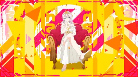 8K Ultra HD desktop wallpaper of Alisa Mikhailovna Kujou from Alya Sometimes Hides Her Feelings in Russian, sitting confidently on a red armchair against a vibrant yellow background.