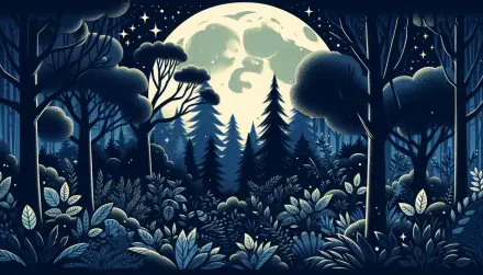 A serene moonlit forest scene, captured in high definition, creating a tranquil and enchanting backdrop for your desktop wallpaper.