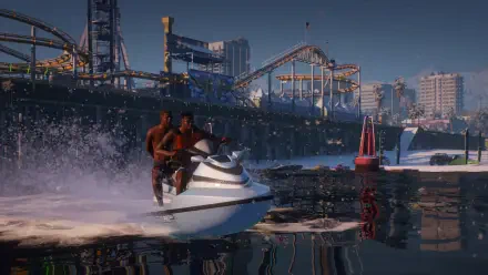 An HD desktop wallpaper featuring a jet ski from the video game Grand Theft Auto V, showcasing vibrant water action and immersive gameplay elements.