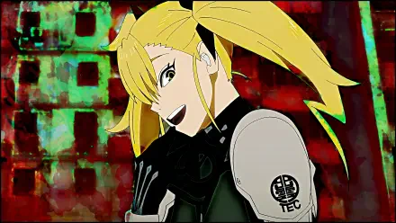 An HD desktop wallpaper featuring Kikoru Shinomiya from Kaiju No. 8, showcasing her dynamic pose and distinctive hairstyle against a vivid, colorful background.