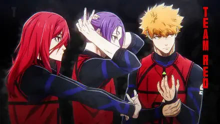 Anime-inspired HD wallpaper featuring characters Reo Mikage, Hyoma Chigiri, and Rensuke Kunigami from Blue Lock. A vibrant backdrop showcasing their dynamic energy.