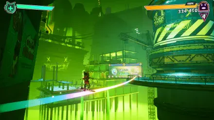 A vibrant HD desktop wallpaper from the video game Gori: Cuddly Carnage, featuring a colorful character navigating a neon-lit, futuristic environment.