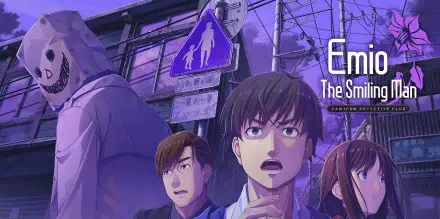 An HD desktop wallpaper featuring Emio from The Smiling Man in the Famicom Detective Club series, showcasing a vibrant and engaging video game aesthetic.