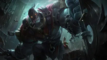 A detailed 8K Ultra HD wallpaper featuring Dr. Mundo from League of Legends, showcasing the fierce creature in a dramatic, dark setting with intense lighting.