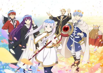 HD PC desktop wallpaper featuring the main characters from the anime Frieren: Beyond Journey's End, set against a bright, floral background with falling petals.