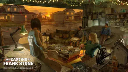 A scene from the video game The Casting of Frank Stone, featuring characters gathered in a cozy room, set against a sunset backdrop. HD wallpaper for PC desktop use.