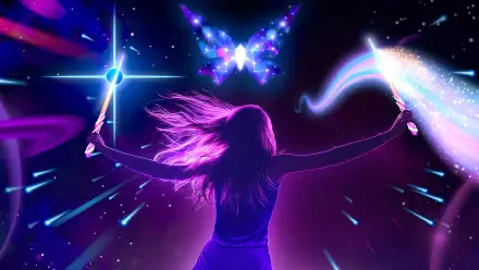 An HD PC desktop wallpaper featuring a dynamic space scene inspired by the video game Starwave, showcasing vibrant colors and celestial imagery.