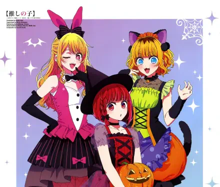 2K PC desktop anime wallpaper of Oshi no Ko characters Mem-Cho, Ruby Hoshino and Kana Arima in cat-themed costumes on a sparkly purple background