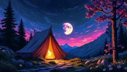 A serene camping scene featuring a glowing tent by a warm fire, surrounded by towering trees and mountains under a starry sky, illuminated by a bright moon. 4K Ultra HD desktop wallpaper.