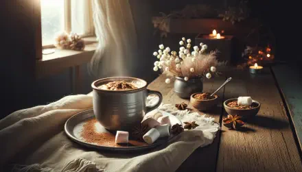 A cozy setting featuring a steaming cup of hot chocolate surrounded by marshmallows, spices, and decorative flowers, illuminated by soft natural light. 4K Ultra HD desktop wallpaper.