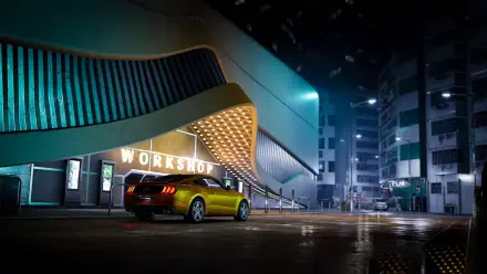 A captivating HD desktop wallpaper featuring a sleek yellow car in an urban setting from the video game Test Drive Unlimited Solar Crown, showcasing vibrant neon lights and modern architecture.