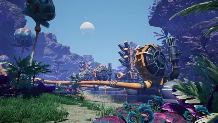 A vibrant HD wallpaper depicting a lush, alien landscape from the video game Satisfactory, featuring unique machinery and vivid plant life under a clear blue sky.