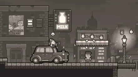 HD wallpaper featuring a scene from the video game Grapple Dogs: Cosmic Canines, showcasing a lively urban environment with a vintage car and charming characters.