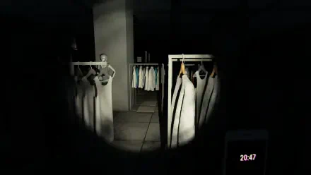 A dark scene from the video game Mannequin (2024), featuring a clothing rack and a mannequin illuminated by a flashlight, creating an eerie atmosphere as time is displayed on the screen.