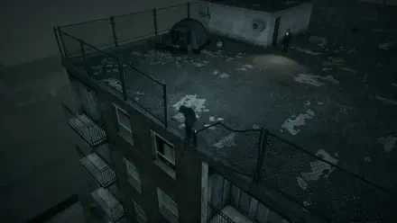 A dark, atmospheric HD PC desktop wallpaper depicting a rooftop scene from the video game Hollowbody, featuring empty space and a lone figure under dim lighting.